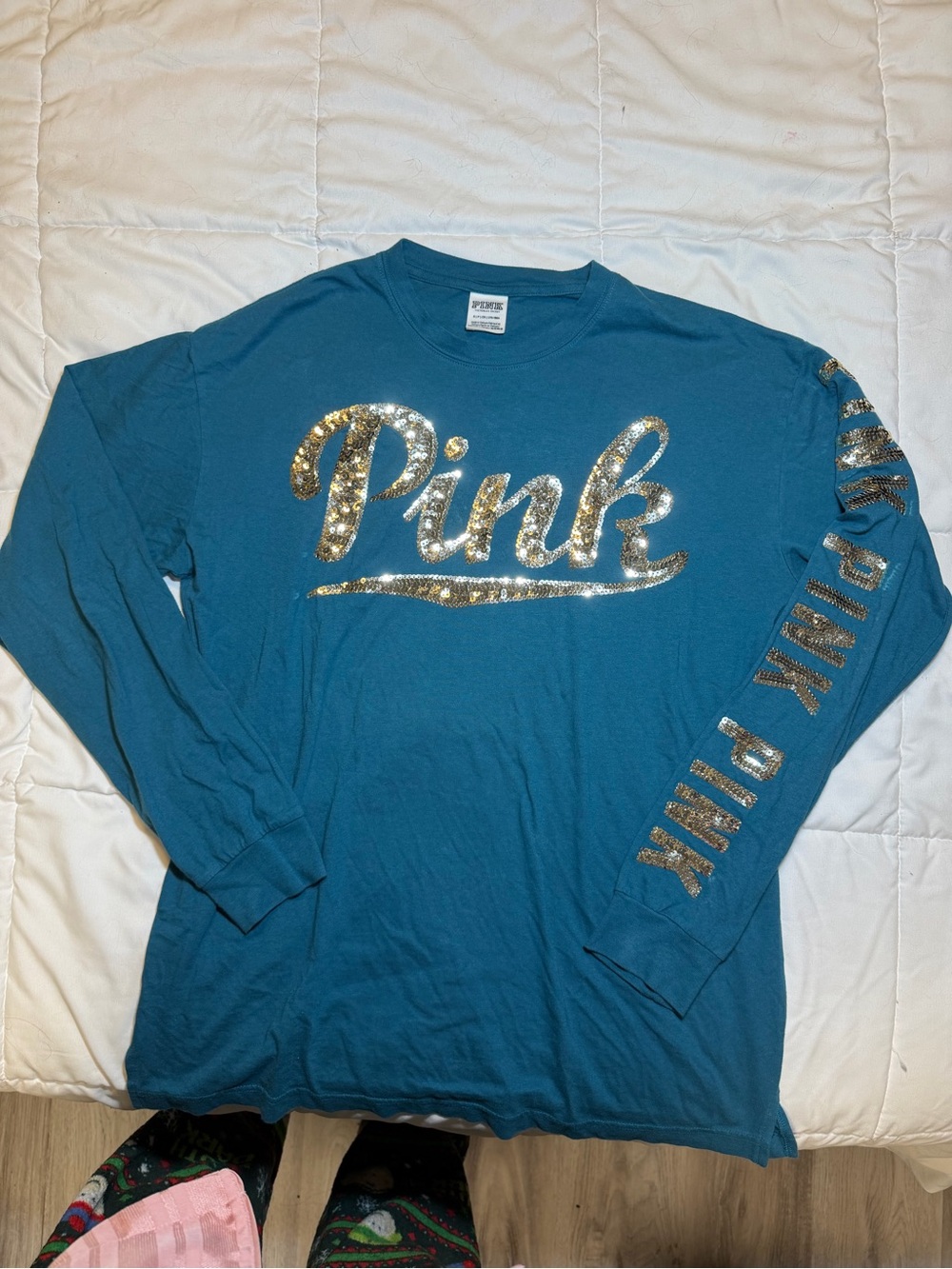 PINK Victoria's Secret Teal Long-Sleeve Sequin Logo Shirt